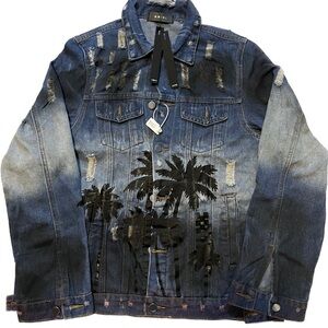 AMIRI Blue Denim Jacket with Black Palm Design